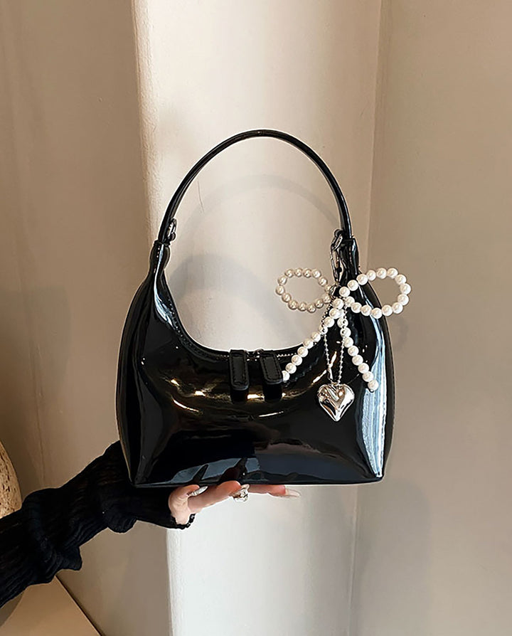 SOLACEBlack Patent Faux Leather Pearl Bow Heart Charm Mini Hobo Underarm Shoulder Bag