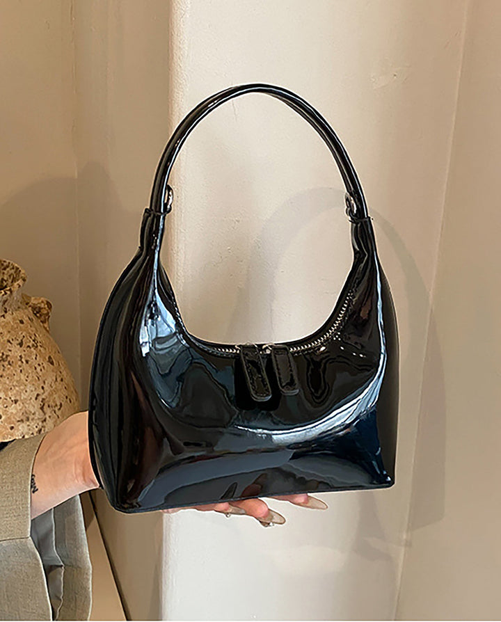 SOLACEBlack Patent Faux Leather Pearl Bow Heart Charm Mini Hobo Underarm Shoulder Bag