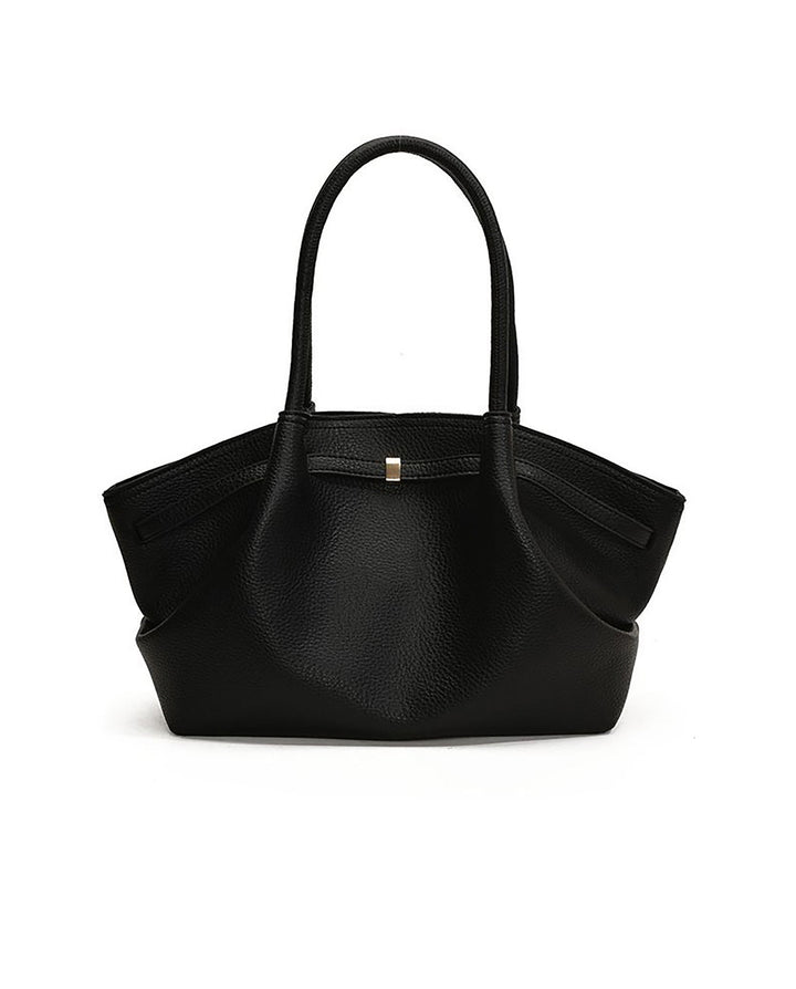 SOLACEBlack Pebbled Faux Leather Wide Wing Flap Gold Buckle Large Capacity Shoulder Tote Bag