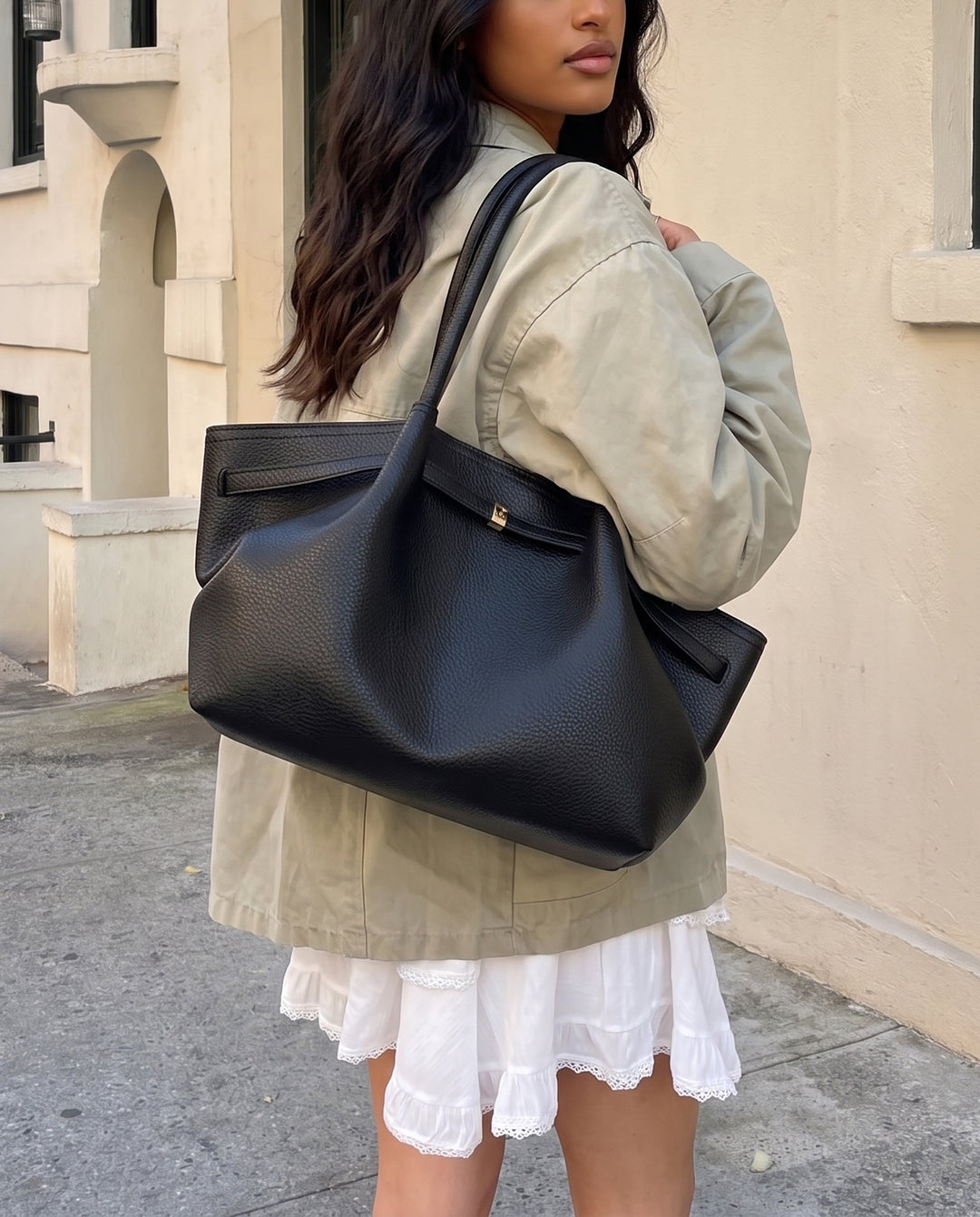 SOLACEBlack Pebbled Faux Leather Wide Wing Flap Gold Buckle Large Capacity Shoulder Tote Bag