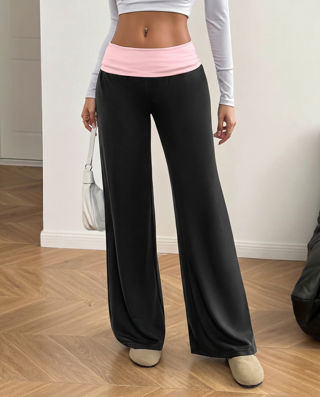 SOLACEBlack Pink Contrast Fold Over Waist Wide Flare Long Pants