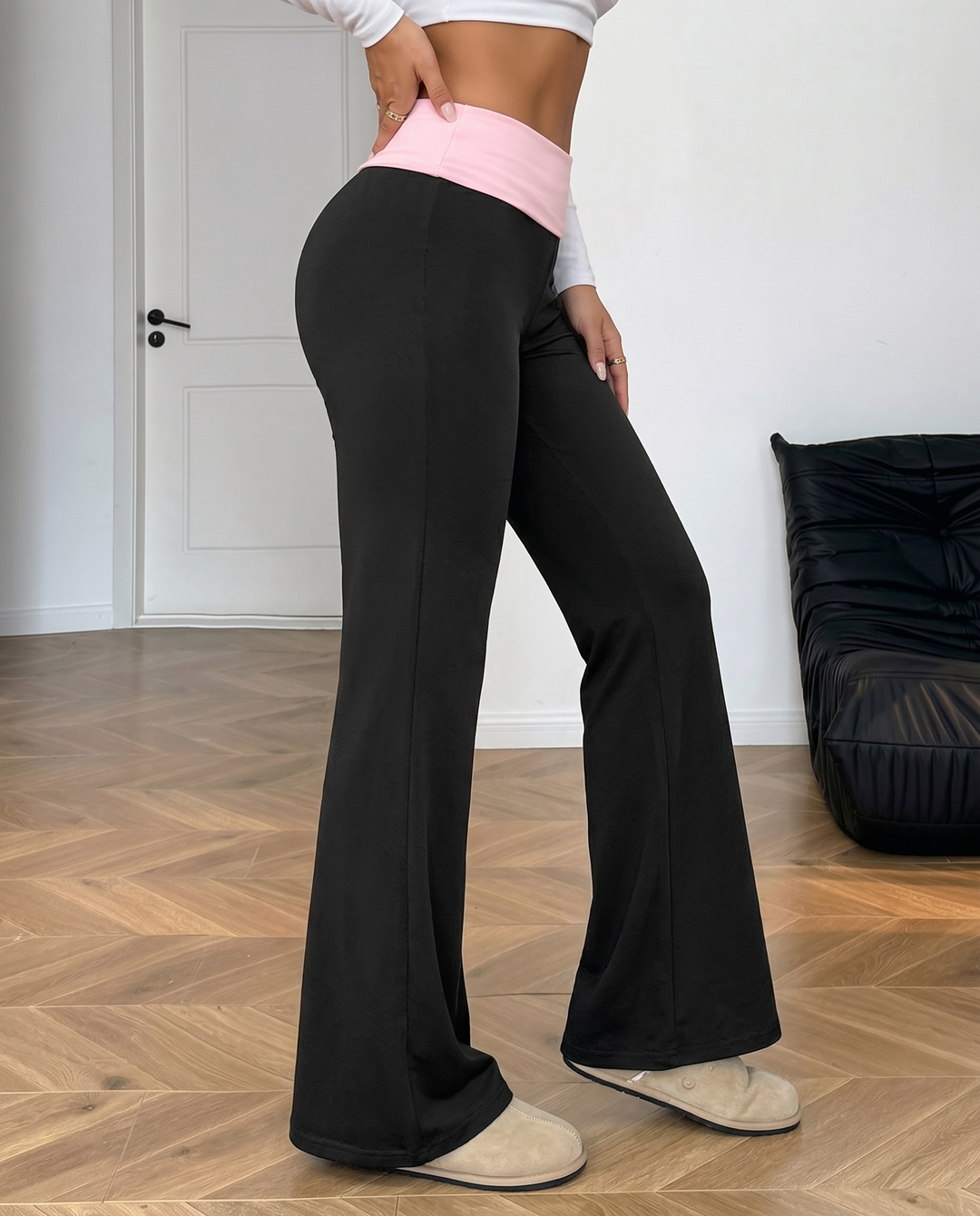 SOLACEBlack Pink Contrast Fold Over Waist Wide Flare Long Pants