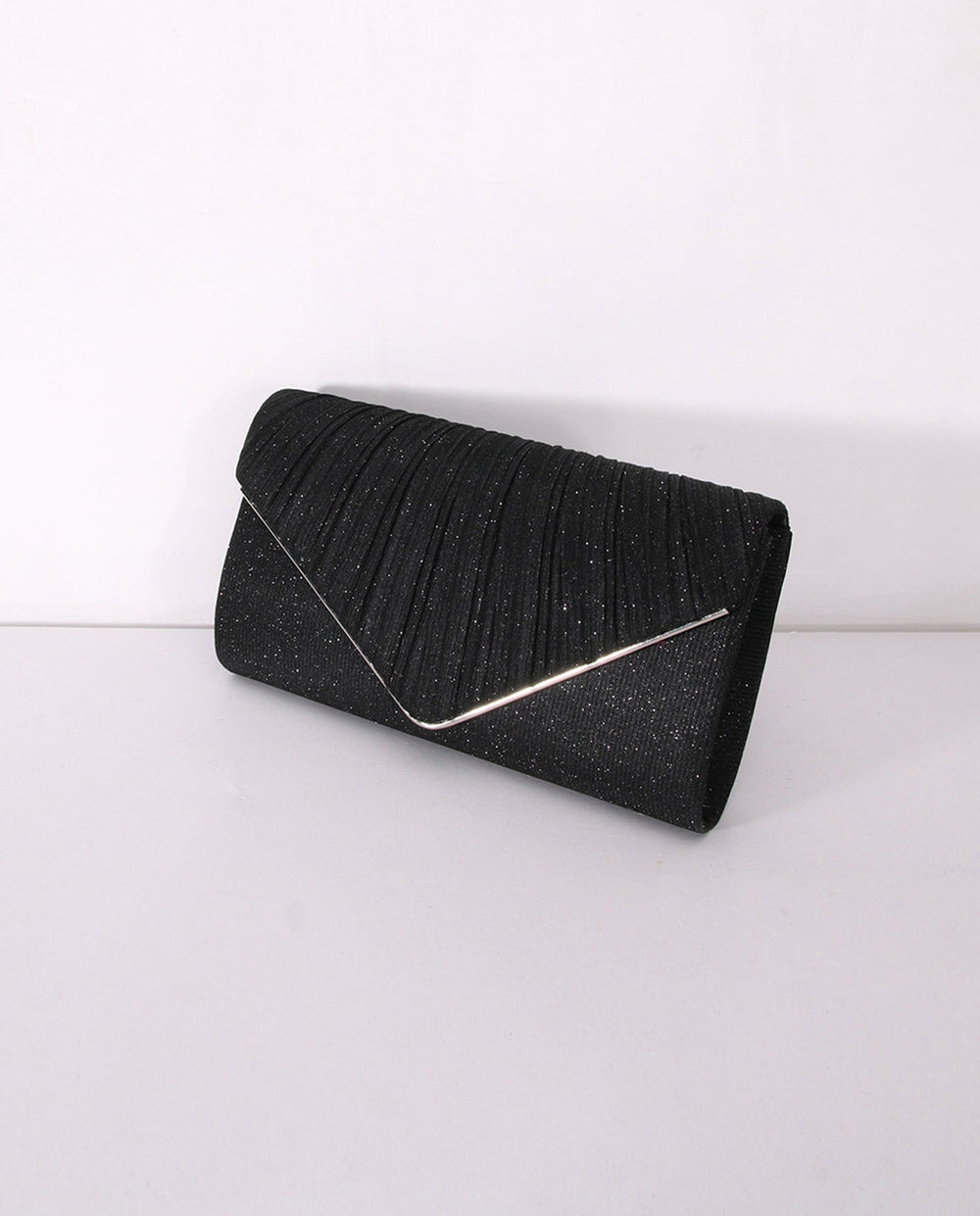 SOLACEBlack Pleated Glitter Silver Trim Envelope Clutch Crossbody Bag