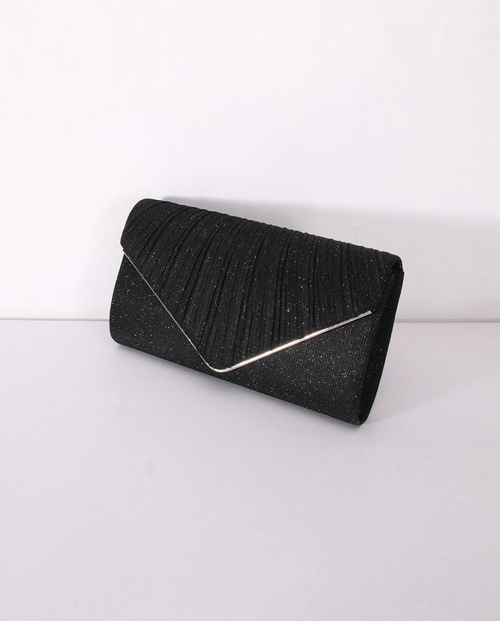 SOLACEBlack Pleated Glitter Silver Trim Envelope Clutch Crossbody Bag