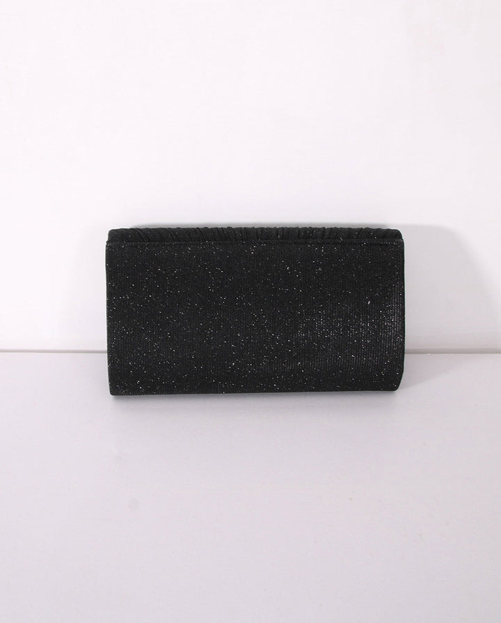 SOLACEBlack Pleated Glitter Silver Trim Envelope Clutch Crossbody Bag