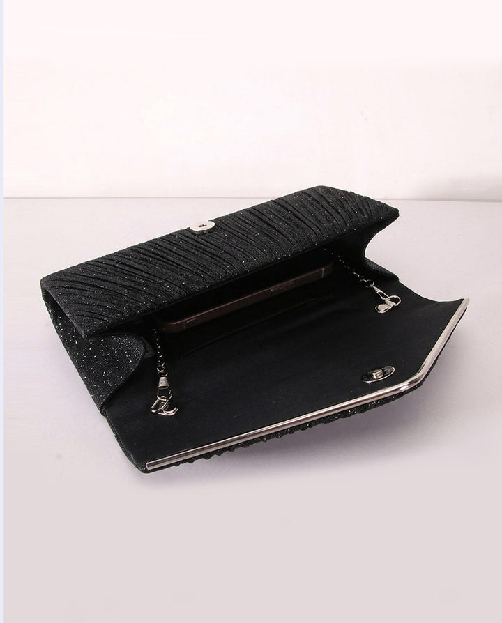 SOLACEBlack Pleated Glitter Silver Trim Envelope Clutch Crossbody Bag