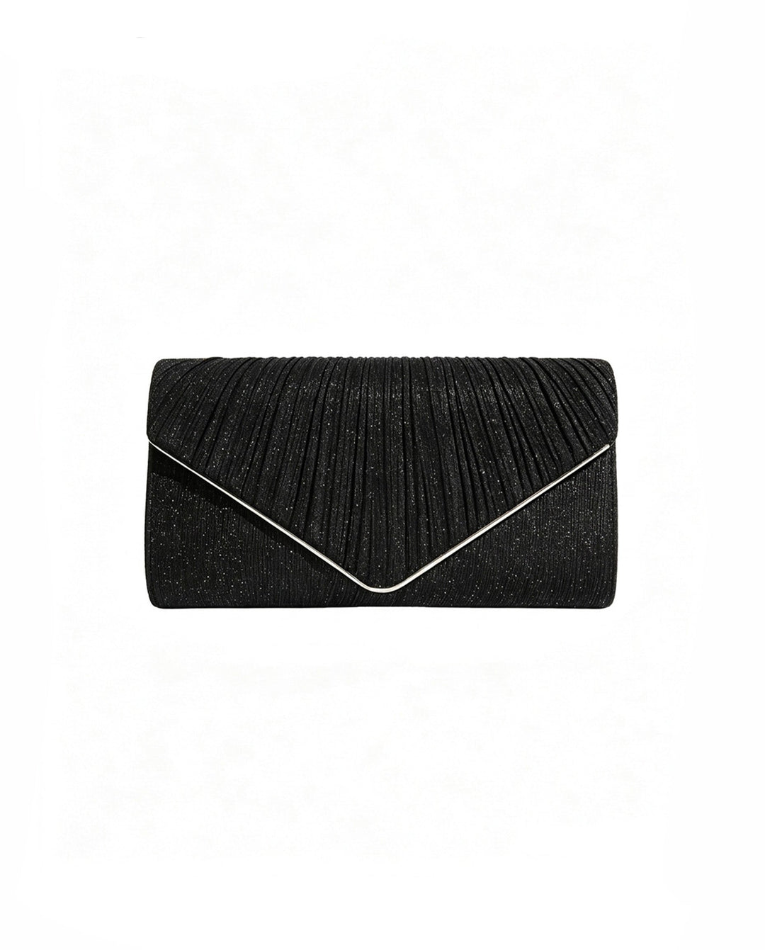 SOLACEBlack Pleated Glitter Silver Trim Envelope Clutch Crossbody Bag