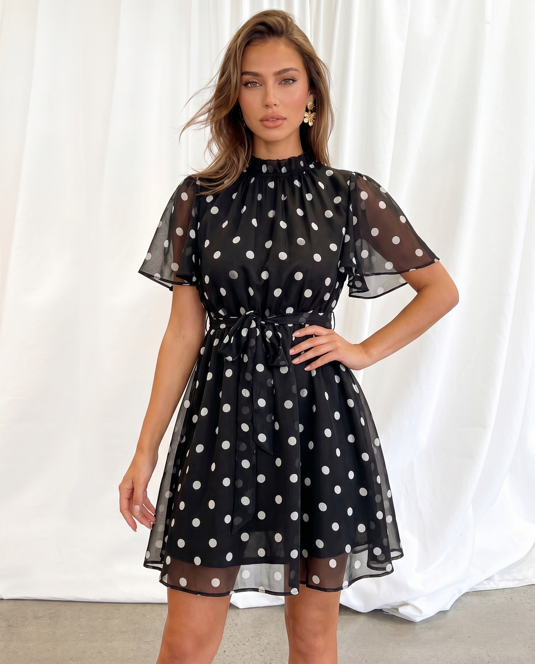 SOLACEBlack Polka Dot Ruffle Neck Flutter Sleeve Mini Dress
