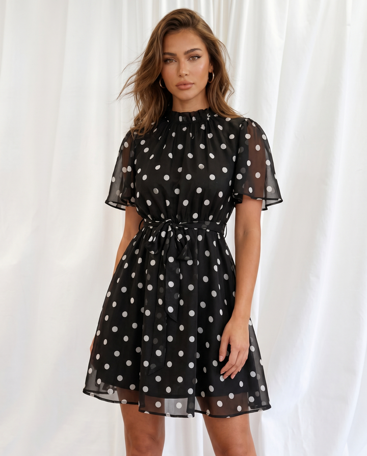 SOLACEBlack Polka Dot Ruffle Neck Flutter Sleeve Mini Dress
