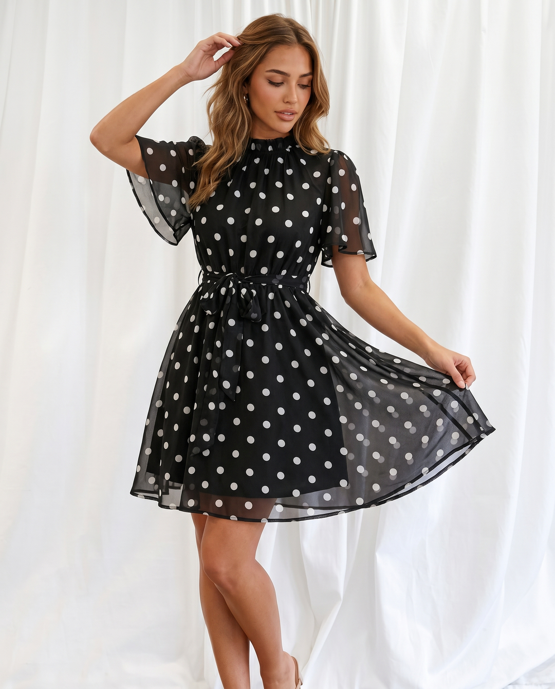 SOLACEBlack Polka Dot Ruffle Neck Flutter Sleeve Mini Dress
