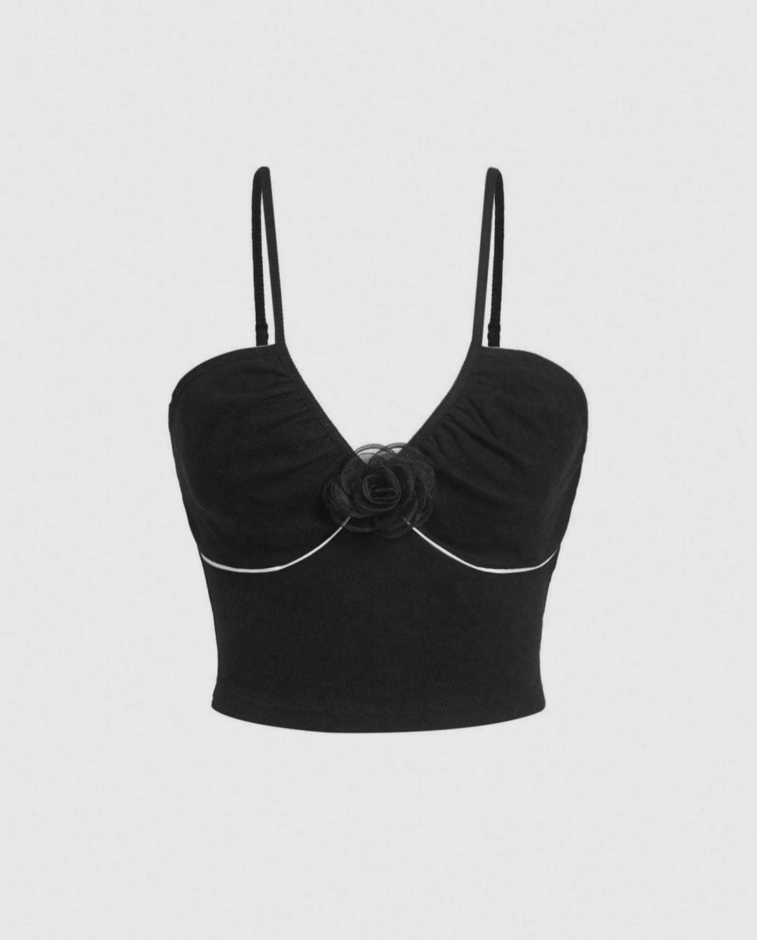 SOLACEBlack Rib Knit 3D Flower Spaghetti Crop Cami Top