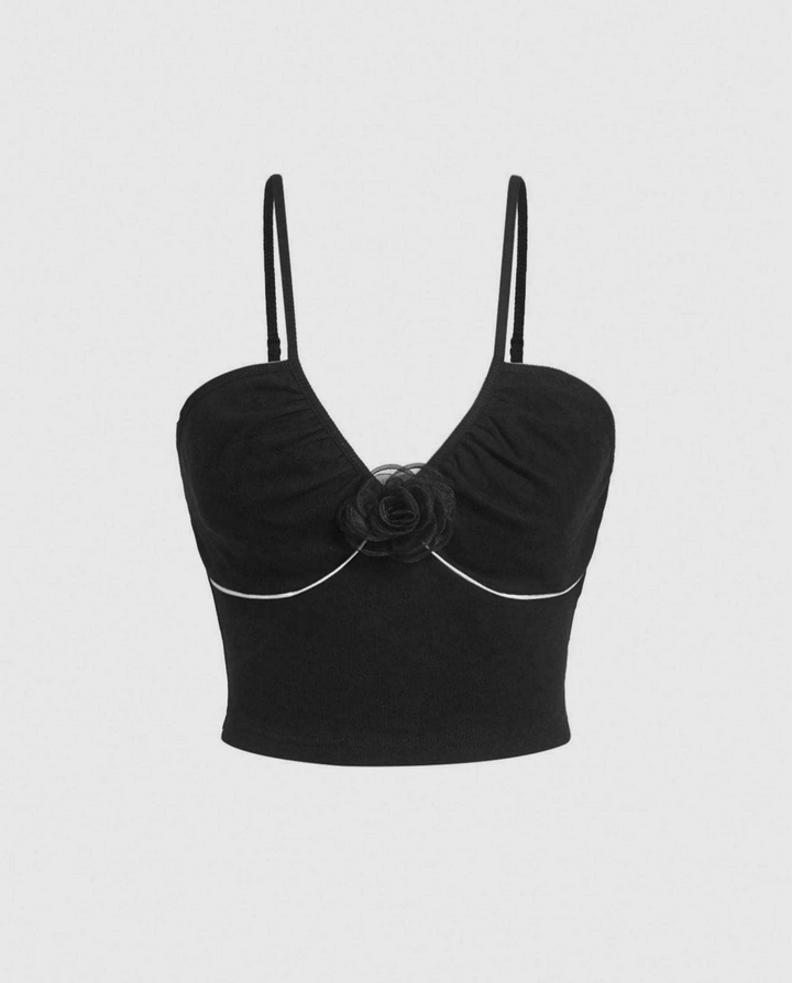 SOLACEBlack Rib Knit 3D Flower Spaghetti Crop Cami Top