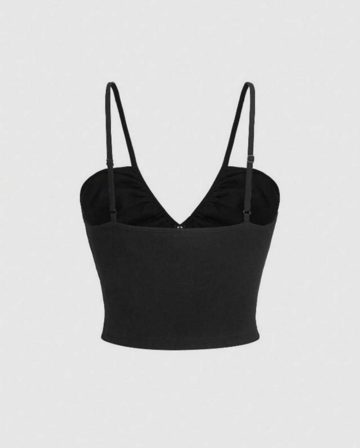 SOLACEBlack Rib Knit 3D Flower Spaghetti Crop Cami Top
