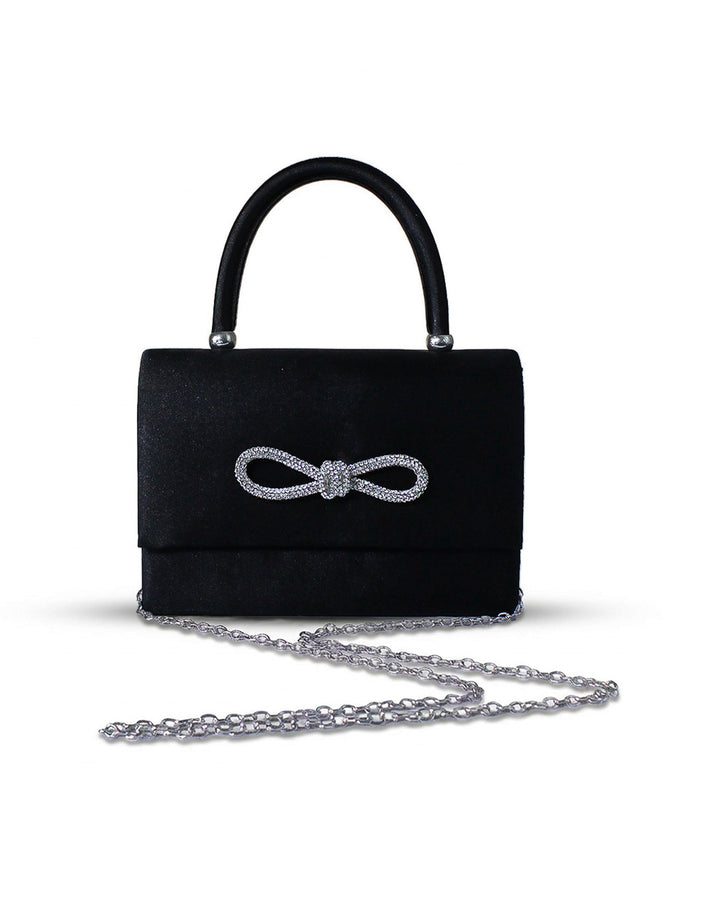 SOLACEBlack Satin Rhinestone Bow Top Handle Silver Chain Crossbody Mini Flap Handbag