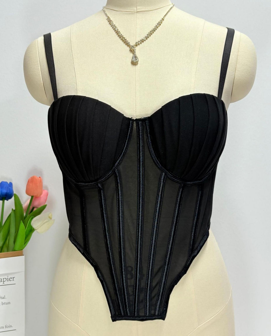 SOLACEBlack Sheer Mesh Sweetheart Removable Strap Cropped Corset Top