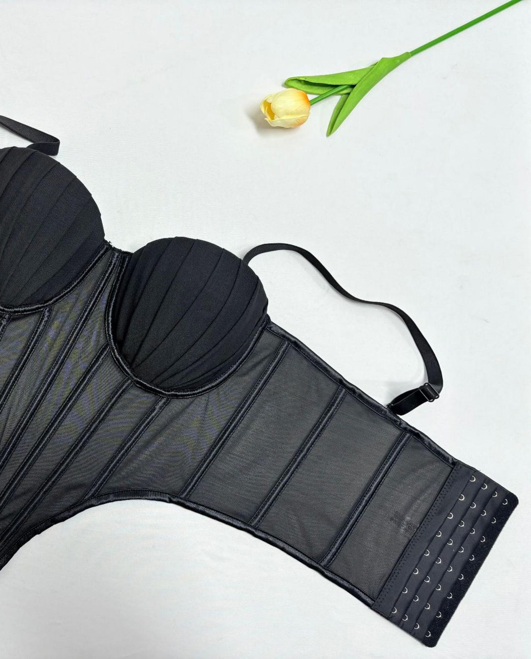 SOLACEBlack Sheer Mesh Sweetheart Removable Strap Cropped Corset Top