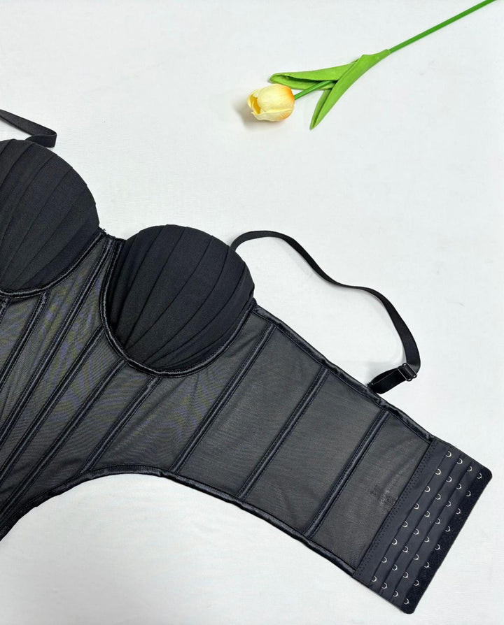 SOLACEBlack Sheer Mesh Sweetheart Removable Strap Cropped Corset Top