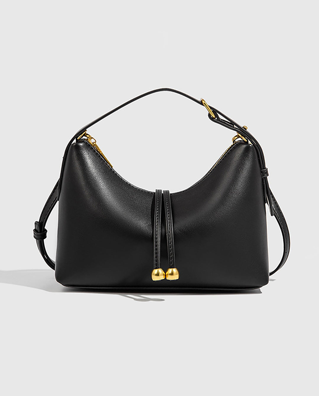 SOLACEBlack Smooth Faux Leather Double Gold Bead Tassel Curved Hobo Crossbody Shoulder Bag