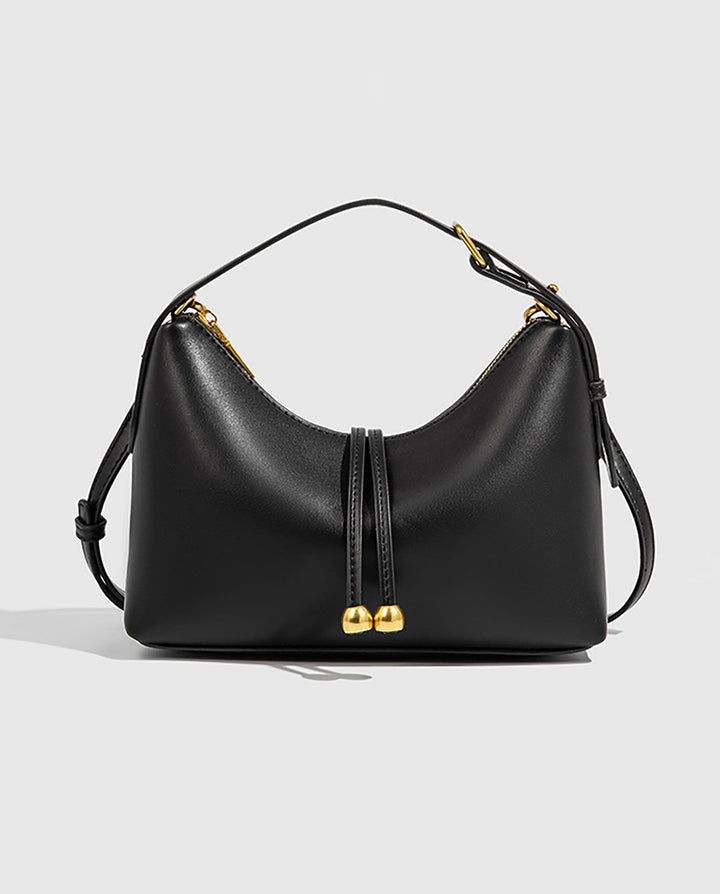 SOLACEBlack Smooth Faux Leather Double Gold Bead Tassel Curved Hobo Crossbody Shoulder Bag
