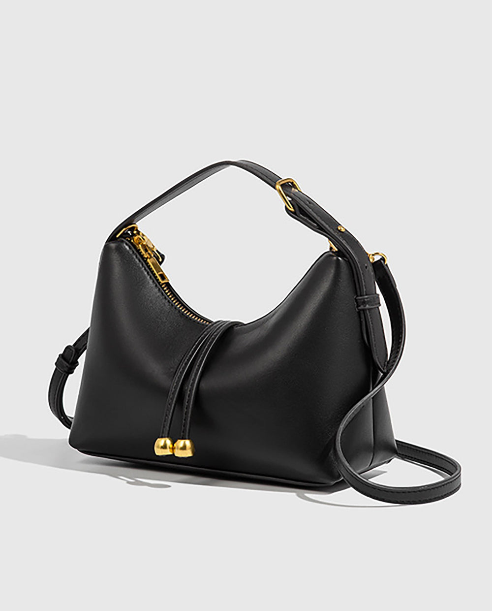 SOLACEBlack Smooth Faux Leather Double Gold Bead Tassel Curved Hobo Crossbody Shoulder Bag