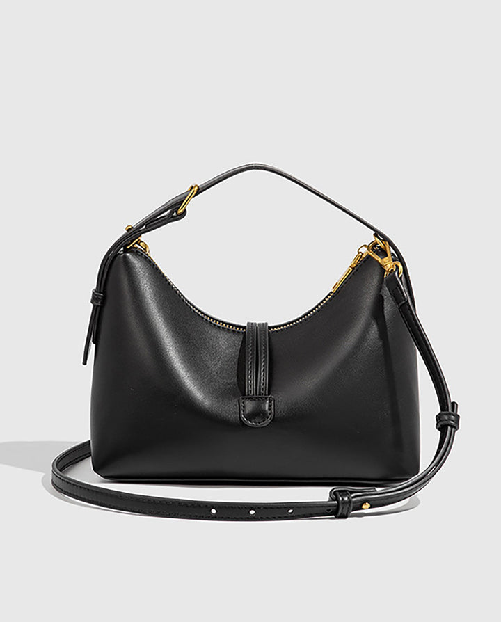 SOLACEBlack Smooth Faux Leather Double Gold Bead Tassel Curved Hobo Crossbody Shoulder Bag