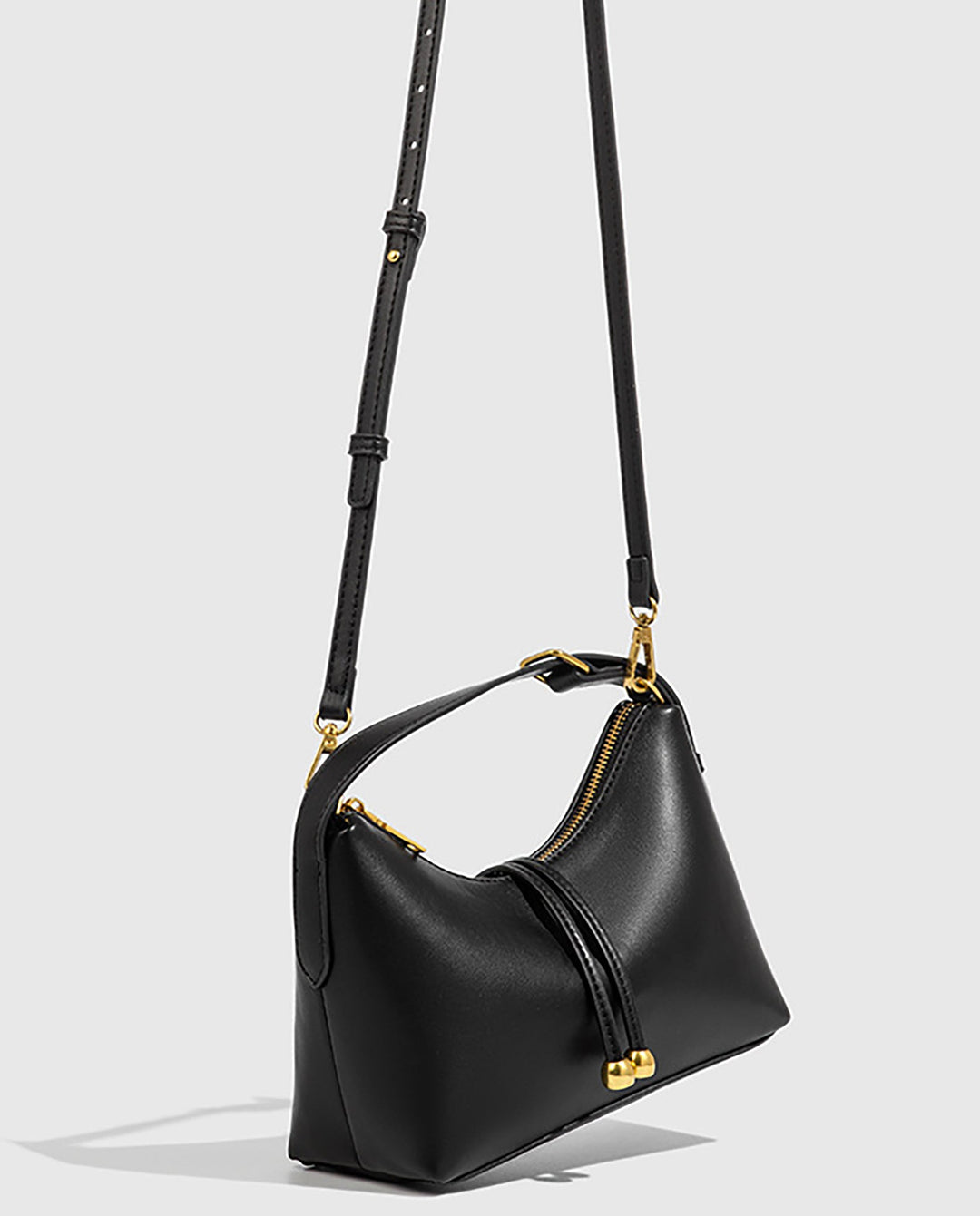SOLACEBlack Smooth Faux Leather Double Gold Bead Tassel Curved Hobo Crossbody Shoulder Bag
