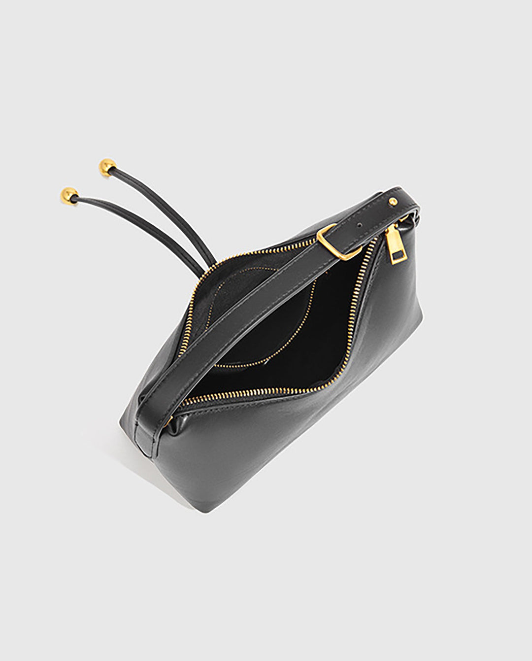 SOLACEBlack Smooth Faux Leather Double Gold Bead Tassel Curved Hobo Crossbody Shoulder Bag