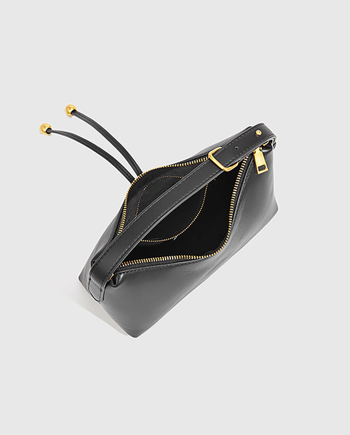 SOLACEBlack Smooth Faux Leather Double Gold Bead Tassel Curved Hobo Crossbody Shoulder Bag