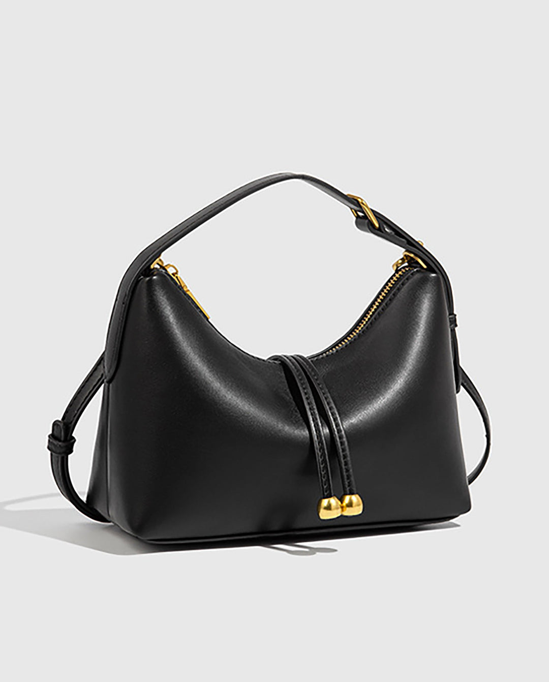 SOLACEBlack Smooth Faux Leather Double Gold Bead Tassel Curved Hobo Crossbody Shoulder Bag
