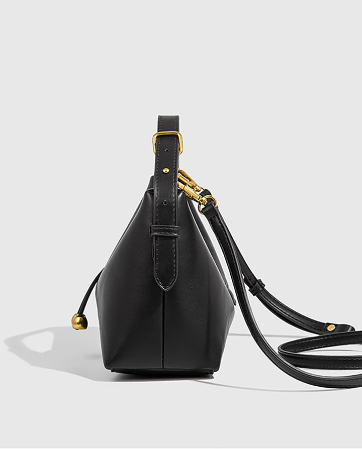 SOLACEBlack Smooth Faux Leather Double Gold Bead Tassel Curved Hobo Crossbody Shoulder Bag