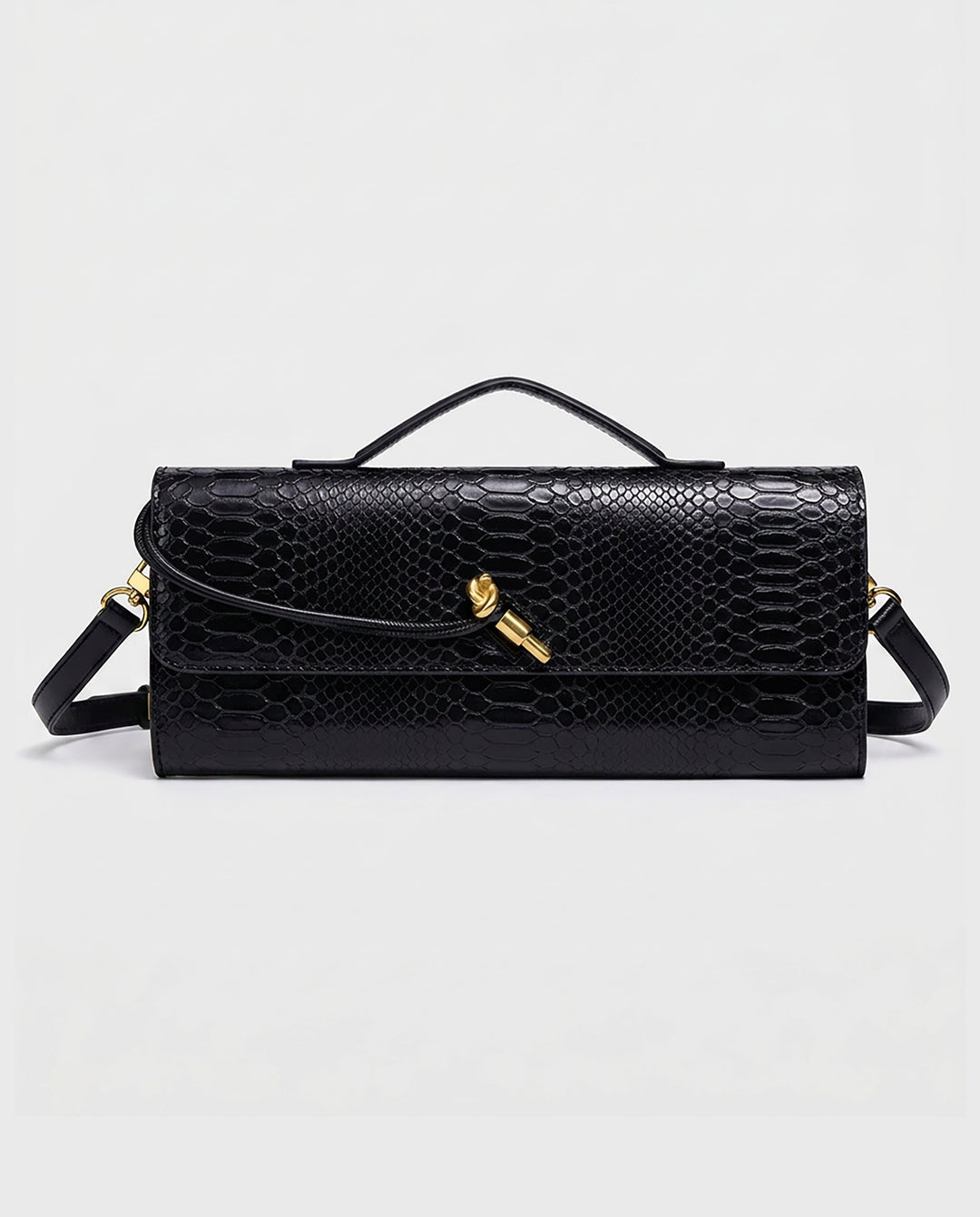 SOLACEBlack Snake Embossed Faux Leather Twist Lock Slim Rectangular Crossbody Clutch Bag