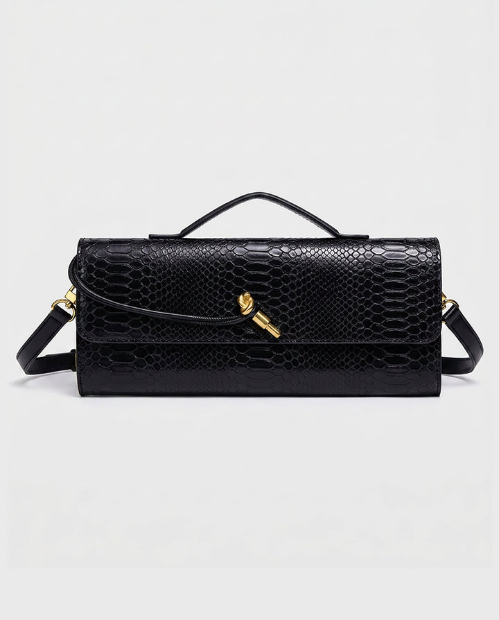 SOLACEBlack Snake Embossed Faux Leather Twist Lock Slim Rectangular Crossbody Clutch Bag