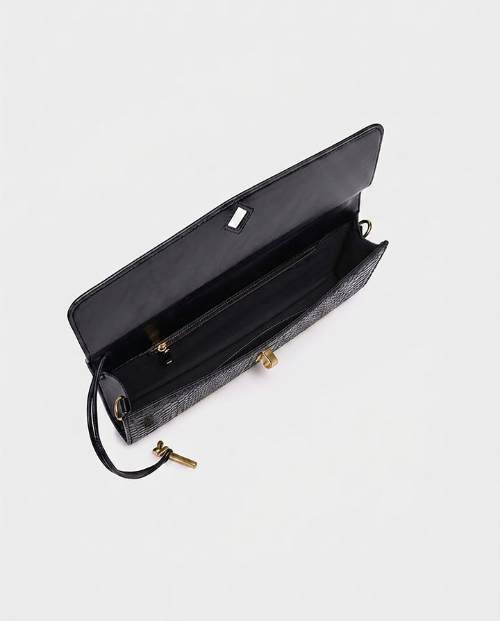 SOLACEBlack Snake Embossed Faux Leather Twist Lock Slim Rectangular Crossbody Clutch Bag
