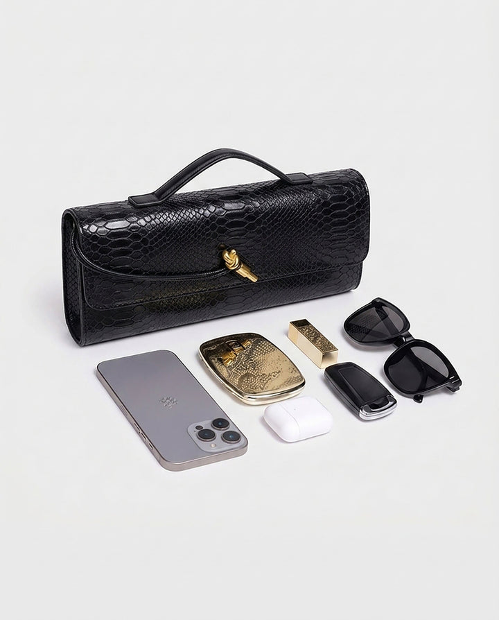 SOLACEBlack Snake Embossed Faux Leather Twist Lock Slim Rectangular Crossbody Clutch Bag