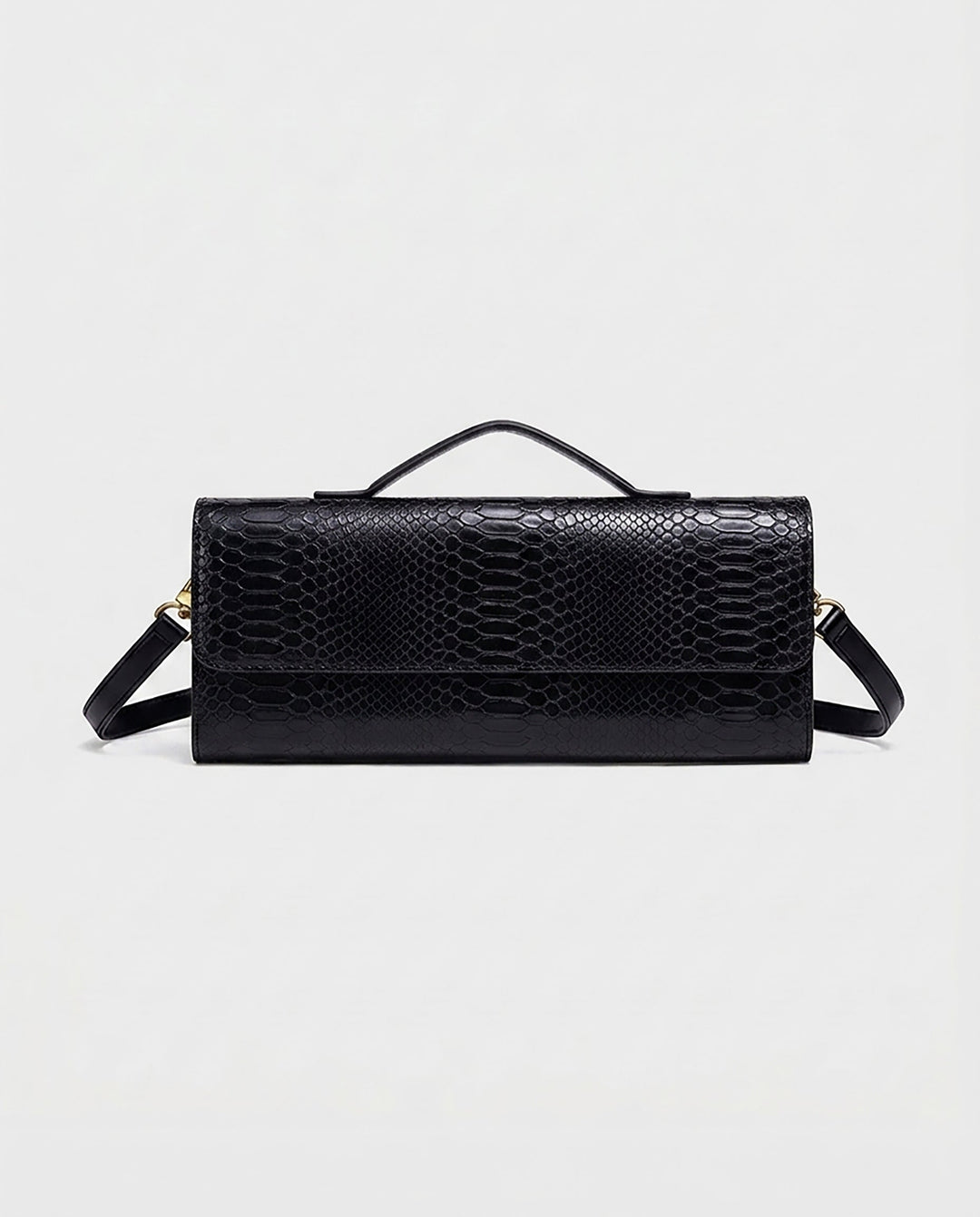 SOLACEBlack Snake Embossed Faux Leather Twist Lock Slim Rectangular Crossbody Clutch Bag