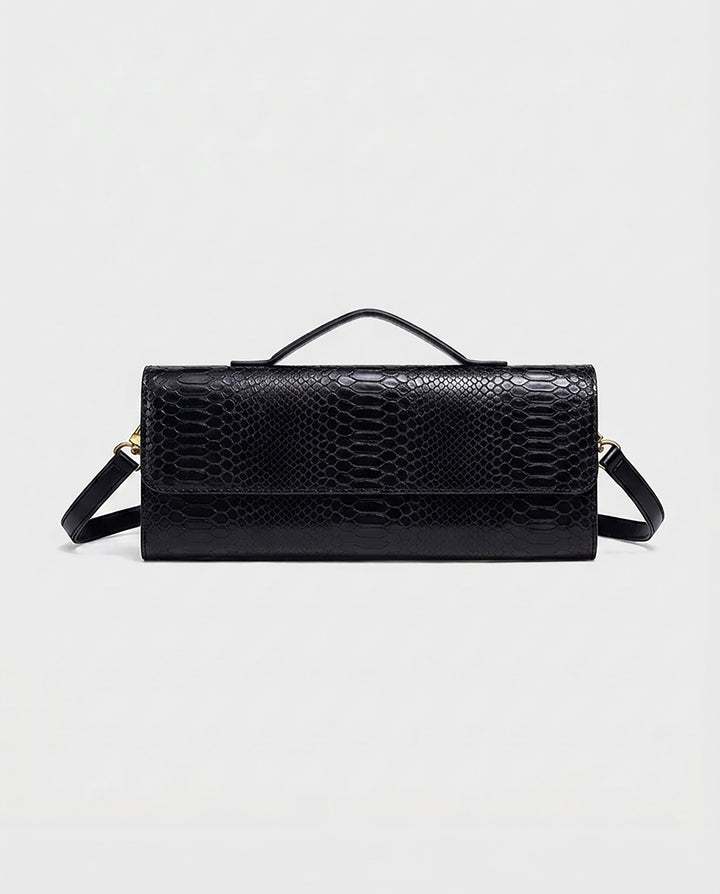 SOLACEBlack Snake Embossed Faux Leather Twist Lock Slim Rectangular Crossbody Clutch Bag