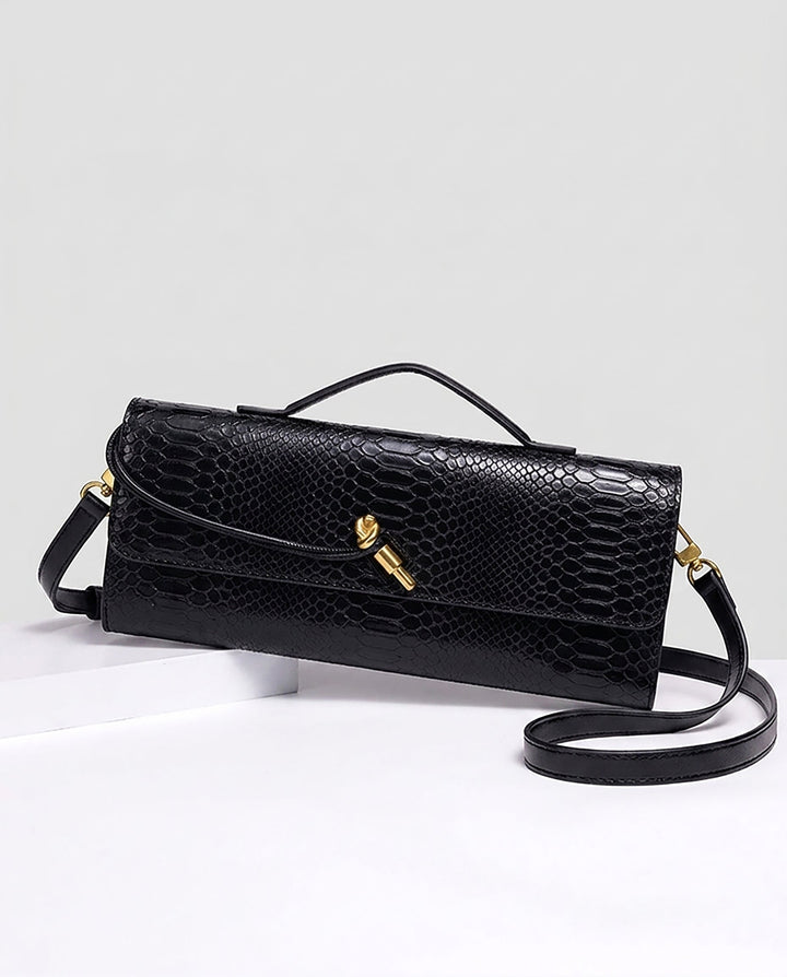 SOLACEBlack Snake Embossed Faux Leather Twist Lock Slim Rectangular Crossbody Clutch Bag
