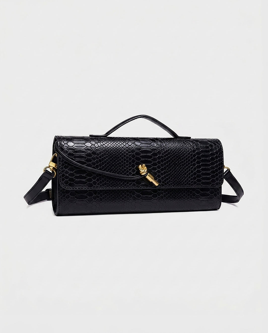 SOLACEBlack Snake Embossed Faux Leather Twist Lock Slim Rectangular Crossbody Clutch Bag