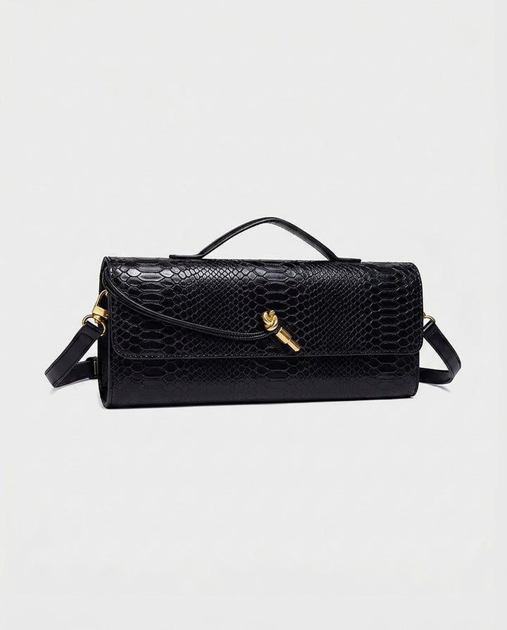 SOLACEBlack Snake Embossed Faux Leather Twist Lock Slim Rectangular Crossbody Clutch Bag