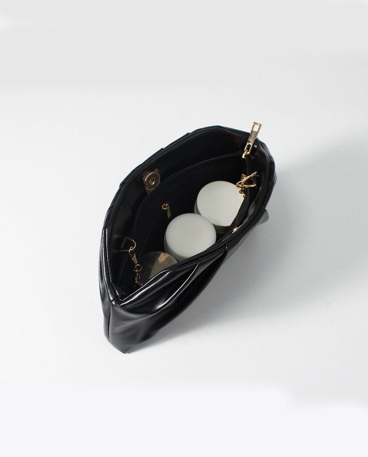 SOLACEBlack Soft Faux Leather Pleated Chain Crossbody Clutch Bag
