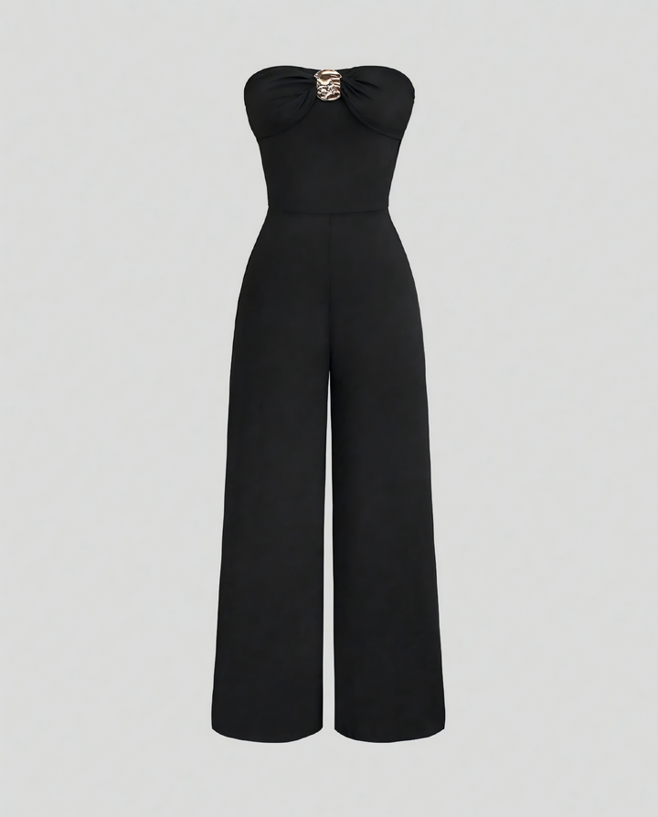SOLACEBlack Strapless Gold Ornament Wide Leg Jumpsuit