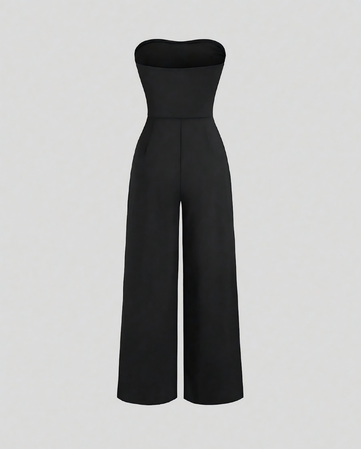 SOLACEBlack Strapless Gold Ornament Wide Leg Jumpsuit
