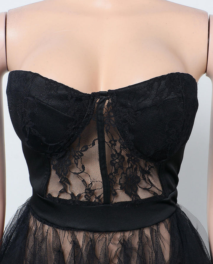 SOLACEBlack Strapless Lace Insert Tiered Ruffle Tulle Maxi Evening Dress