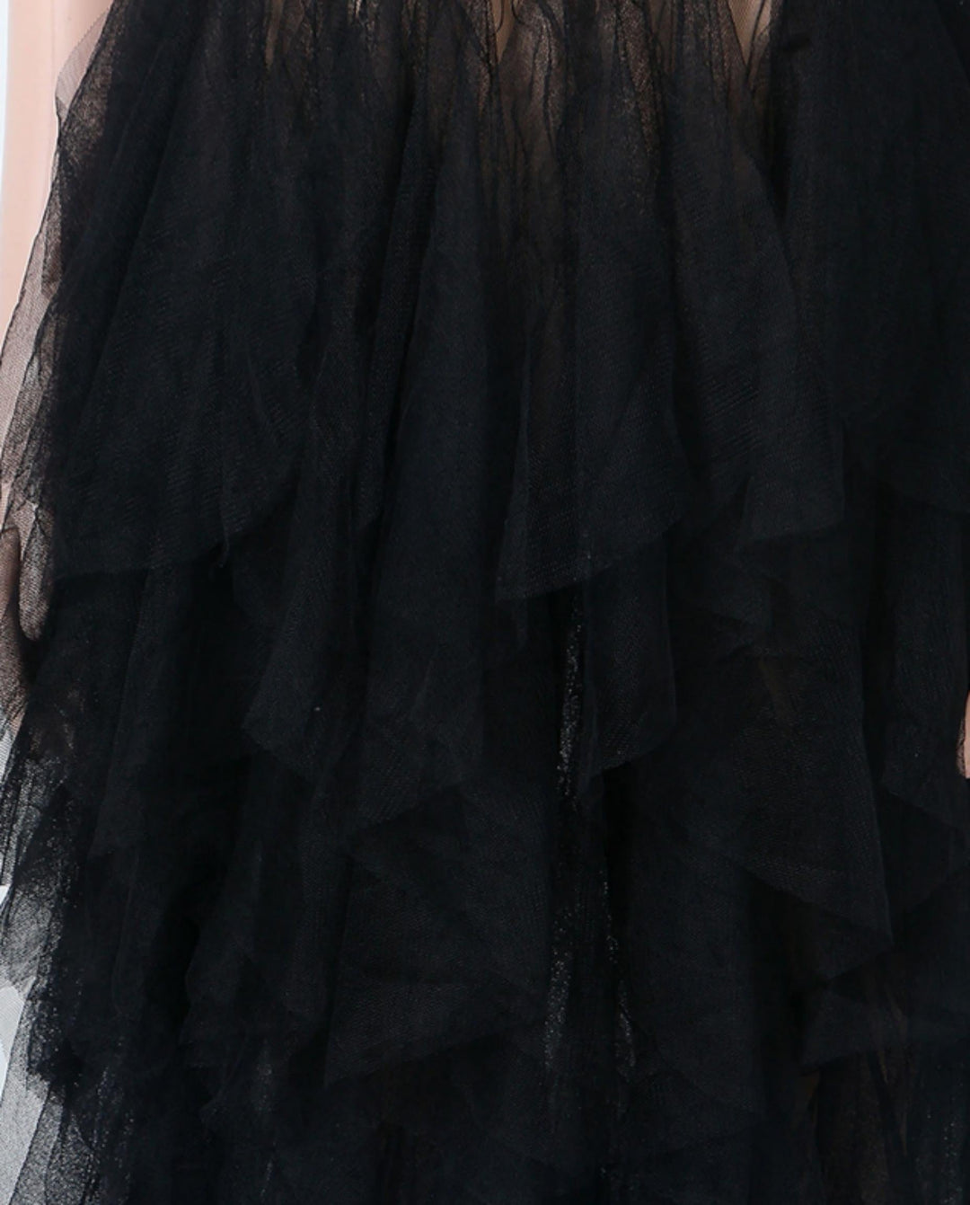 SOLACEBlack Strapless Lace Insert Tiered Ruffle Tulle Maxi Evening Dress