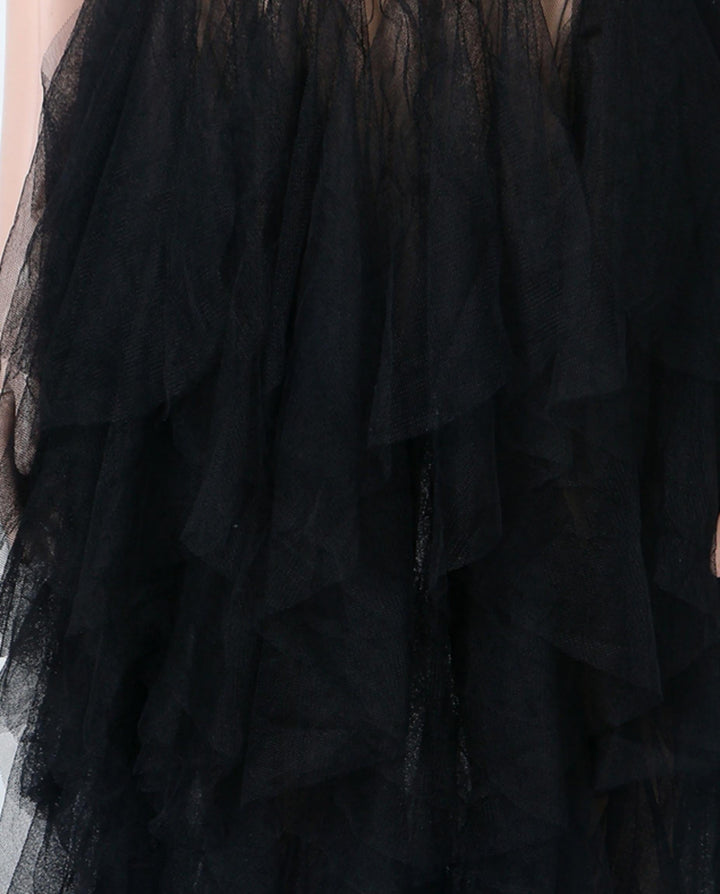 SOLACEBlack Strapless Lace Insert Tiered Ruffle Tulle Maxi Evening Dress