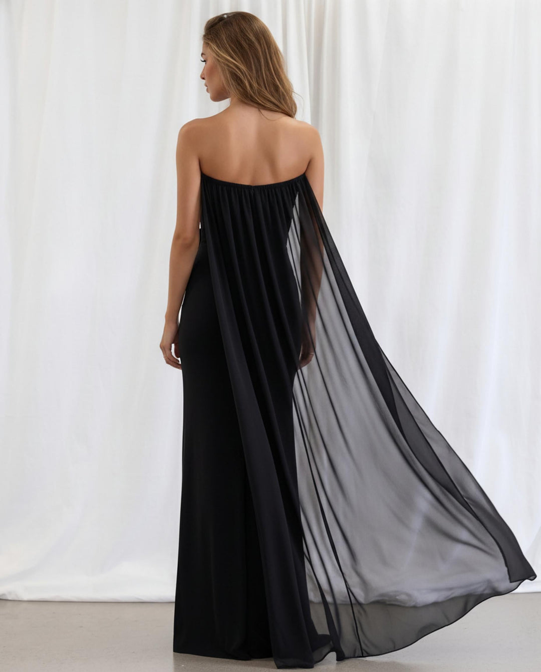 SOLACEBlack Strapless Ruched Chiffon Cape Slit Maxi Gown