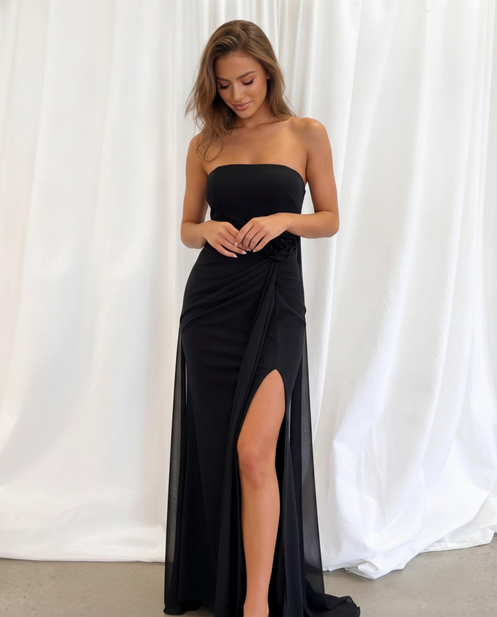 SOLACEBlack Strapless Ruched Chiffon Cape Slit Maxi Gown