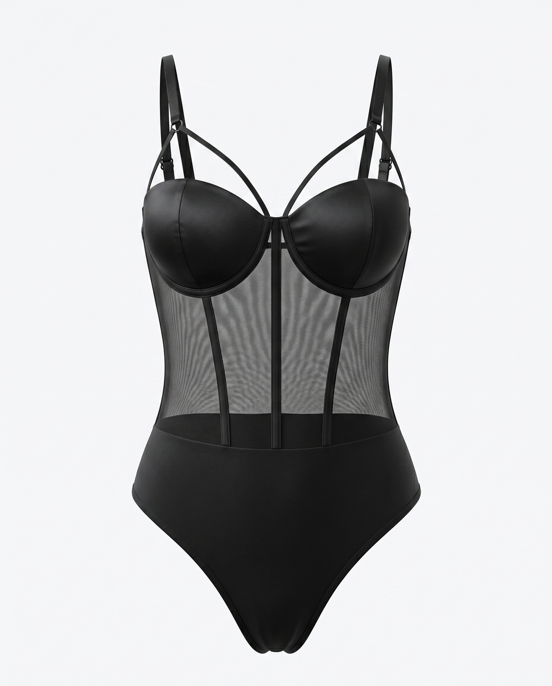 SOLACEBlack Underwire Strappy Mesh Panel Bodysuit