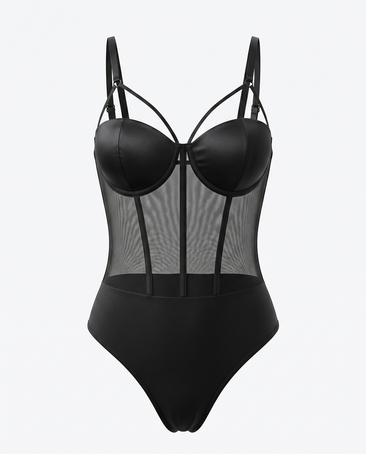 SOLACEBlack Underwire Strappy Mesh Panel Bodysuit