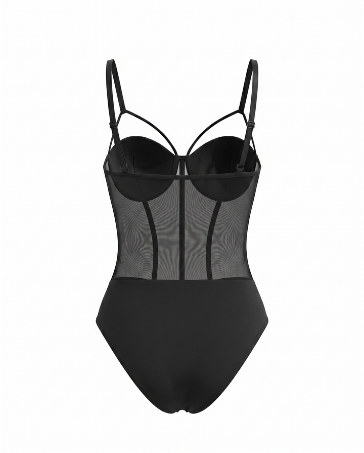 SOLACEBlack Underwire Strappy Mesh Panel Bodysuit